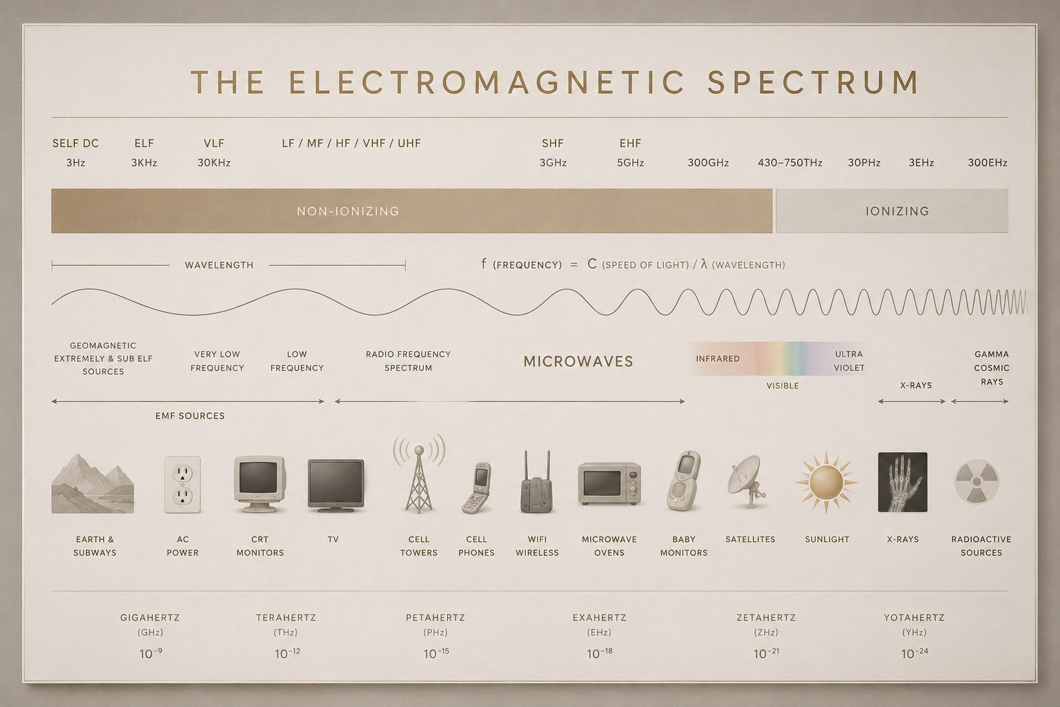 The electromagnetic spectrum, from geomagnetic and ELF sources through radiofrequency, microwaves, and into ionizing radiation